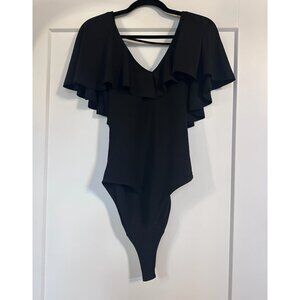 Black Ruffle V-Neck Bodysuit – Statement Sleeve